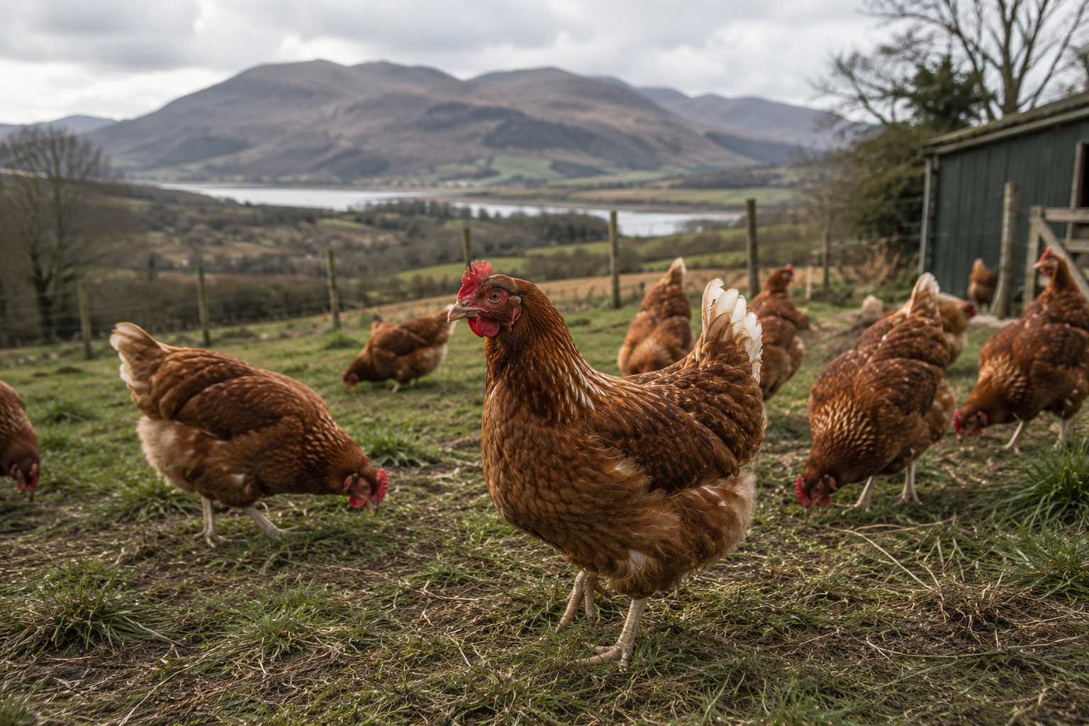 Free range Lohmann Brown hens behind Wyau Dysynni eggs near Bryncrug