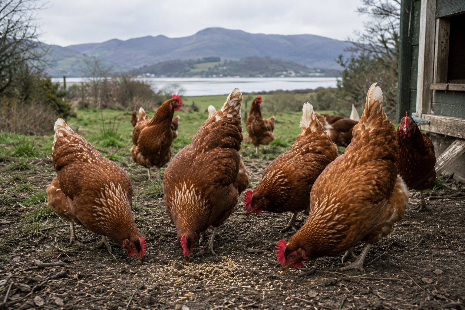 Free range Lohmann Brown Classic hens in the Dysynni Valley countryside